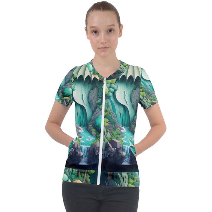 Waterfall Jungle Nature Paper Craft Trees Tropical Short Sleeve Zip Up Jacket