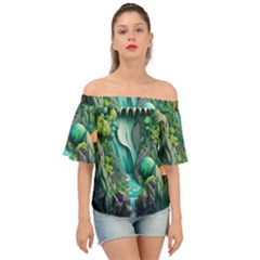 Waterfall Jungle Nature Paper Craft Trees Tropical Off Shoulder Short Sleeve Top by uniart180623