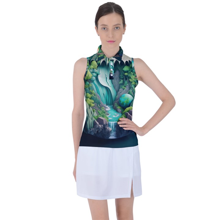 Waterfall Jungle Nature Paper Craft Trees Tropical Women s Sleeveless Polo T-Shirt