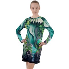 Waterfall Jungle Nature Paper Craft Trees Tropical Long Sleeve Hoodie Dress