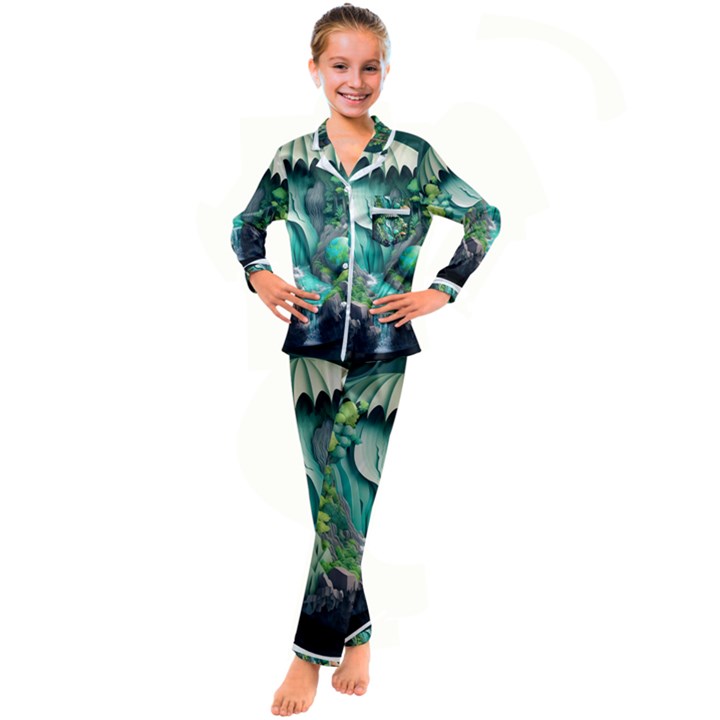 Waterfall Jungle Nature Paper Craft Trees Tropical Kids  Satin Long Sleeve Pajamas Set