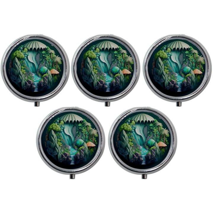 Waterfall Jungle Nature Paper Craft Trees Tropical Mini Round Pill Box (Pack of 5)