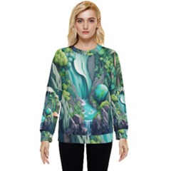 Waterfall Jungle Nature Paper Craft Trees Tropical Hidden Pocket Sweatshirt