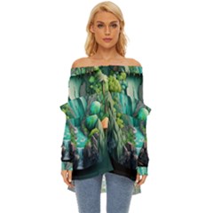 Waterfall Jungle Nature Paper Craft Trees Tropical Off Shoulder Chiffon Pocket Shirt by uniart180623