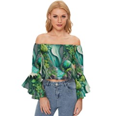 Waterfall Jungle Nature Paper Craft Trees Tropical Off Shoulder Flutter Bell Sleeve Top