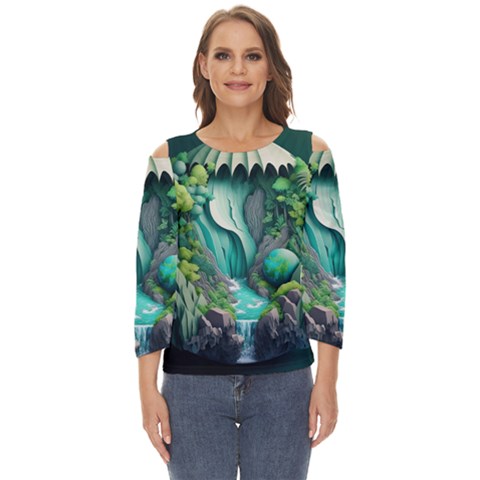 Waterfall Jungle Nature Paper Craft Trees Tropical Cut Out Wide Sleeve Top by uniart180623