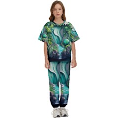 Waterfall Jungle Nature Paper Craft Trees Tropical Kids  T-shirt And Pants Sports Set by uniart180623