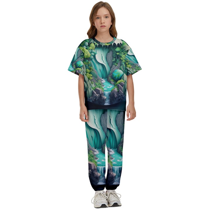 Waterfall Jungle Nature Paper Craft Trees Tropical Kids  T-Shirt and Pants Sports Set