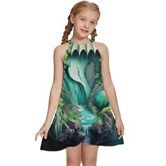 Waterfall Jungle Nature Paper Craft Trees Tropical Kids  Halter Collar Waist Tie Chiffon Dress by uniart180623