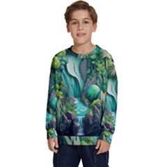 Waterfall Jungle Nature Paper Craft Trees Tropical Kids  Crewneck Sweatshirt