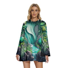 Waterfall Jungle Nature Paper Craft Trees Tropical Round Neck Long Sleeve Bohemian Style Chiffon Mini Dress by uniart180623