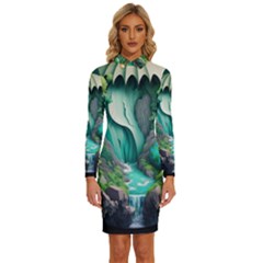 Waterfall Jungle Nature Paper Craft Trees Tropical Long Sleeve Shirt Collar Bodycon Dress