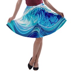 Tsunami Waves Ocean Sea Nautical Nature Water A-line Skater Skirt by uniart180623