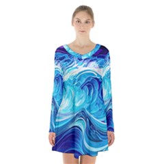 Tsunami Waves Ocean Sea Nautical Nature Water Long Sleeve Velvet V-neck Dress