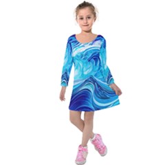 Tsunami Waves Ocean Sea Nautical Nature Water Kids  Long Sleeve Velvet Dress