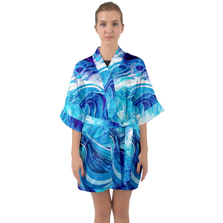 Tsunami Waves Ocean Sea Nautical Nature Water Half Sleeve Satin Kimono 