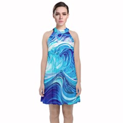 Tsunami Waves Ocean Sea Nautical Nature Water Velvet Halter Neckline Dress 