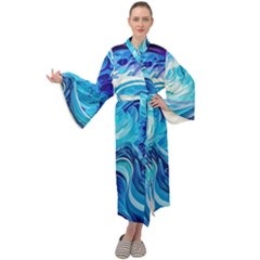 Tsunami Waves Ocean Sea Nautical Nature Water Maxi Velvet Kimono by uniart180623