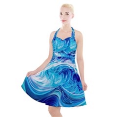 Tsunami Waves Ocean Sea Nautical Nature Water Halter Party Swing Dress  by uniart180623