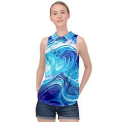 Tsunami Waves Ocean Sea Nautical Nature Water High Neck Satin Top by uniart180623