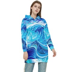 Tsunami Waves Ocean Sea Nautical Nature Water Women s Long Oversized Pullover Hoodie