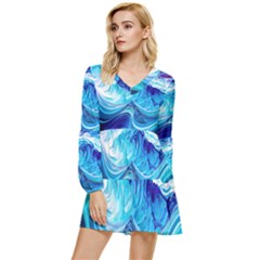 Tsunami Waves Ocean Sea Nautical Nature Water Tiered Long Sleeve Mini Dress by uniart180623