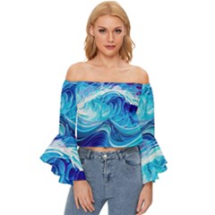 Tsunami Waves Ocean Sea Nautical Nature Water Off Shoulder Flutter Bell Sleeve Top