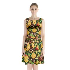 Christmas Pattern Sleeveless Waist Tie Chiffon Dress