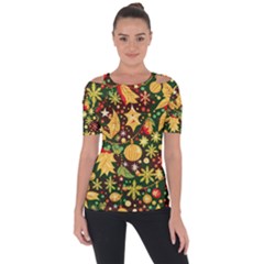 Christmas Pattern Shoulder Cut Out Short Sleeve Top