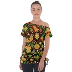 Christmas Pattern Off Shoulder Tie-up T-shirt