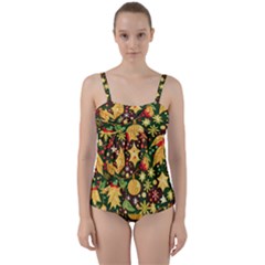 Christmas Pattern Twist Front Tankini Set