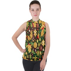 Christmas Pattern Mock Neck Chiffon Sleeveless Top