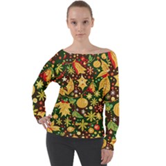 Christmas Pattern Off Shoulder Long Sleeve Velour Top