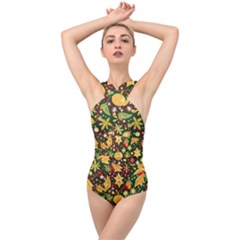 Christmas Pattern Cross Front Low Back Swimsuit