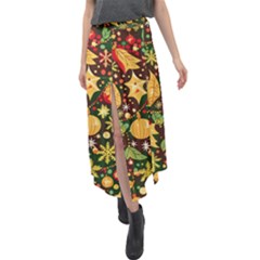 Christmas Pattern Velour Split Maxi Skirt