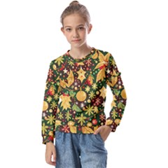 Christmas Pattern Kids  Long Sleeve T-shirt With Frill 