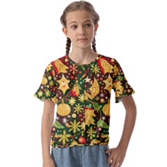 Christmas Pattern Kids  Cuff Sleeve Scrunch Bottom T-shirt