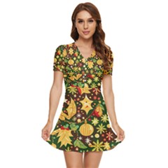 Christmas Pattern V-neck High Waist Chiffon Mini Dress