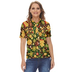 Christmas Pattern Women s Short Sleeve Double Pocket Shirt