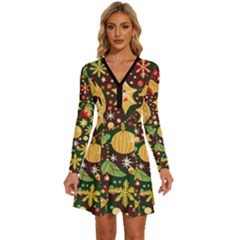 Christmas Pattern Long Sleeve Deep V Mini Dress 