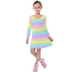 Cute Pastel Rainbow Stripes Kids  Long Sleeve Velvet Dress by Ket1n9