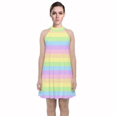 Cute Pastel Rainbow Stripes Velvet Halter Neckline Dress  by Ket1n9