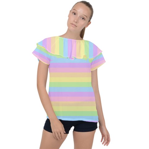 Cute Pastel Rainbow Stripes Ruffle Collar Chiffon Blouse by Ket1n9