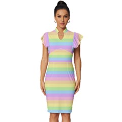 Cute Pastel Rainbow Stripes Vintage Frill Sleeve V-neck Bodycon Dress by Ket1n9