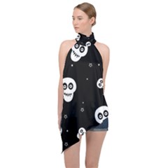 Skull Pattern Halter Asymmetric Satin Top by Ket1n9