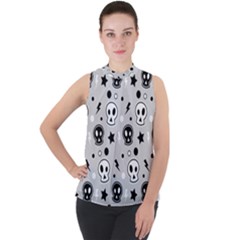 Skull-pattern- Mock Neck Chiffon Sleeveless Top by Ket1n9