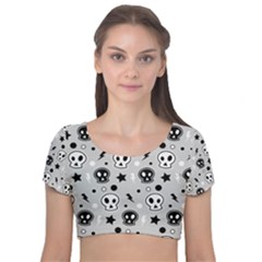 Skull-pattern- Velvet Short Sleeve Crop Top  by Ket1n9