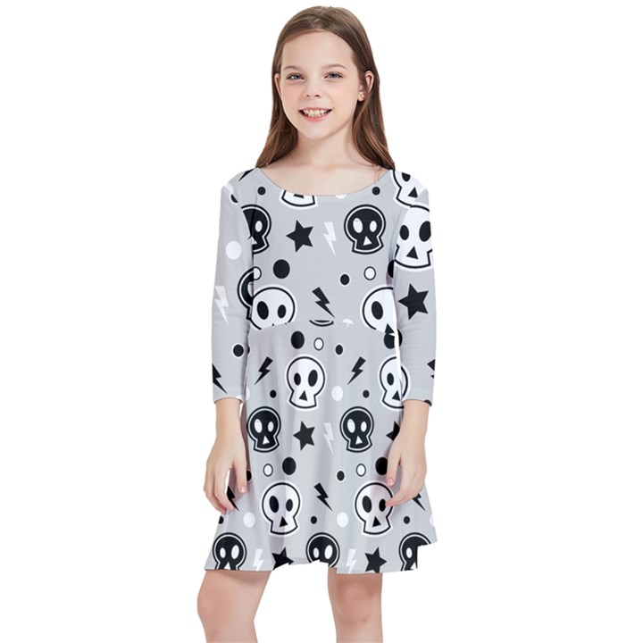 Skull-pattern- Kids  Quarter Sleeve Skater Dress