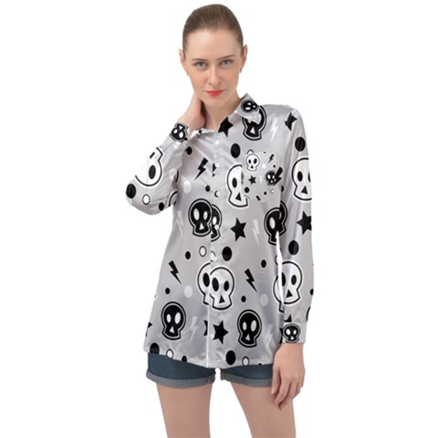 Skull-pattern- Long Sleeve Satin Shirt by Ket1n9