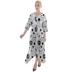 Skull-pattern- Quarter Sleeve Wrap Front Maxi Dress by Ket1n9